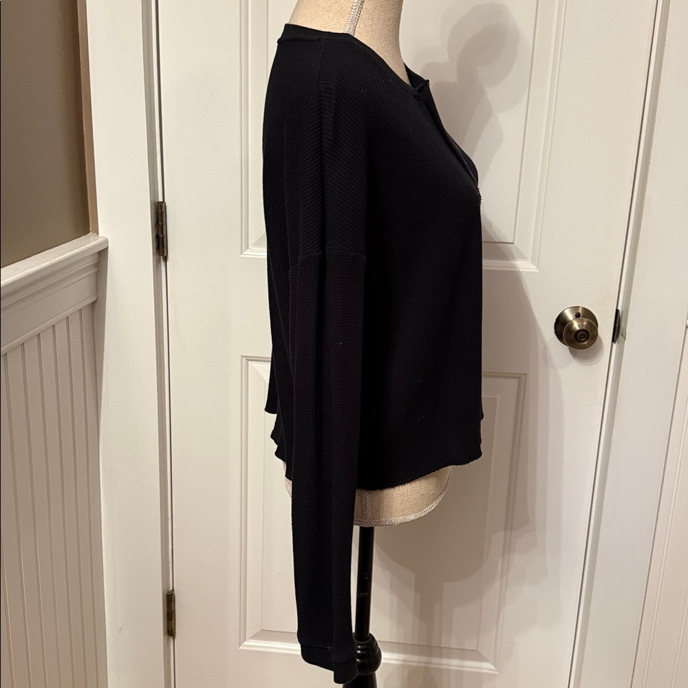 EVERLANE TOP TEE LONG SLEEVE BLACK WAFFLE KNIT COTTON BOXY SIZE S CROPPED (mens) - Picture 8 of 10
